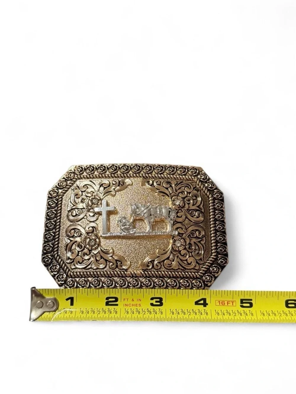 Silver & Gold Belt Buckle with Cross and Horse Design
